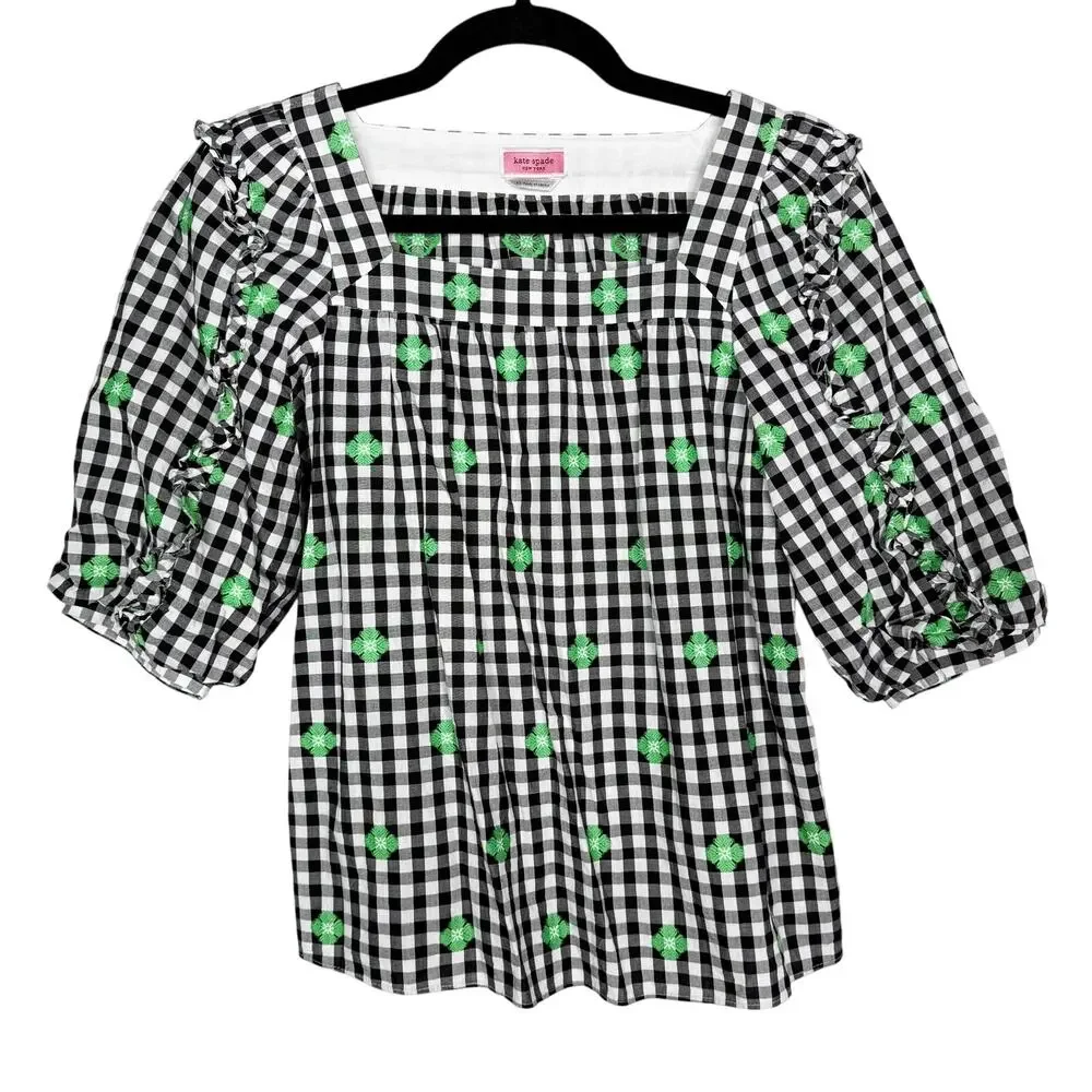 Kate Spade XS Black White Green Gingham Voile Blouse Puff Sleeves Square Neck